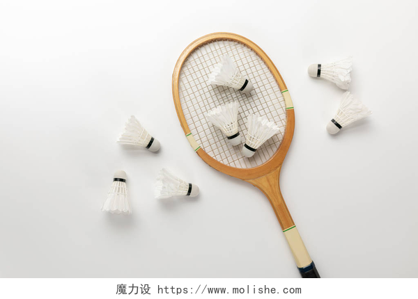 八个羽毛球和一个羽毛球拍木制羽毛球拍和白色背景上的穿梭球的顶视图